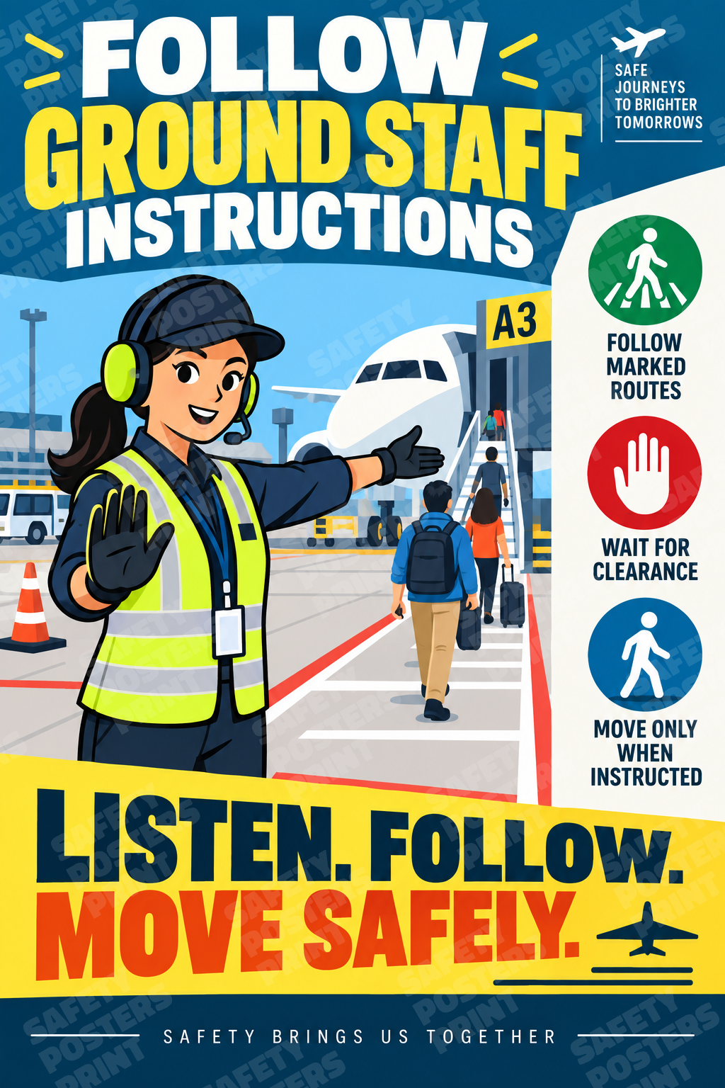 AIR-62: Follow Airport Ground Staff Instructions - Illustrated Guide. English portrait safety poster.