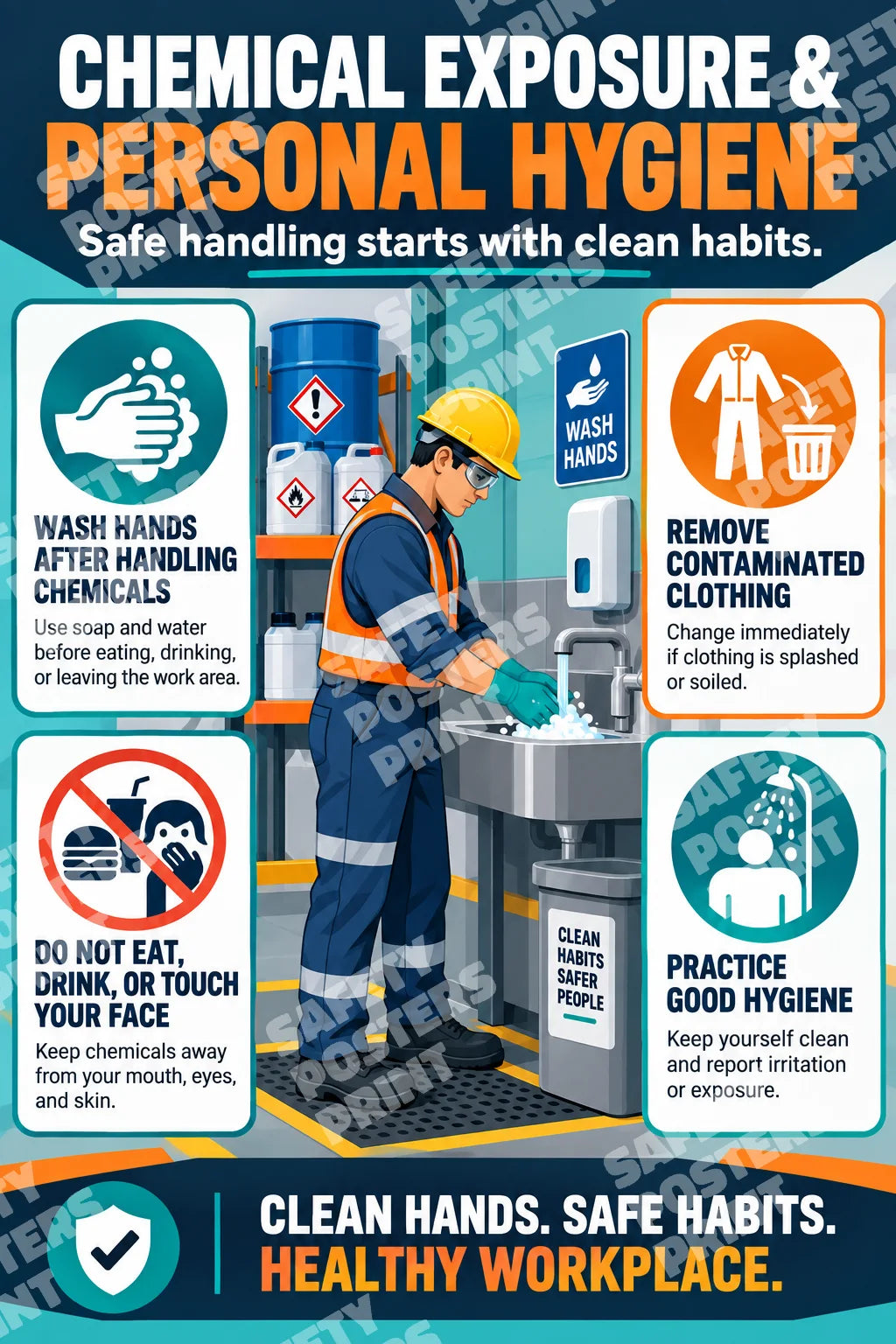 CHM-1 Chemical Exposure and Personal Hygiene: handwashing after chemical handling, contaminated clothing, food and drink restrictions, avoiding face contact. Portrait English-language artwork.