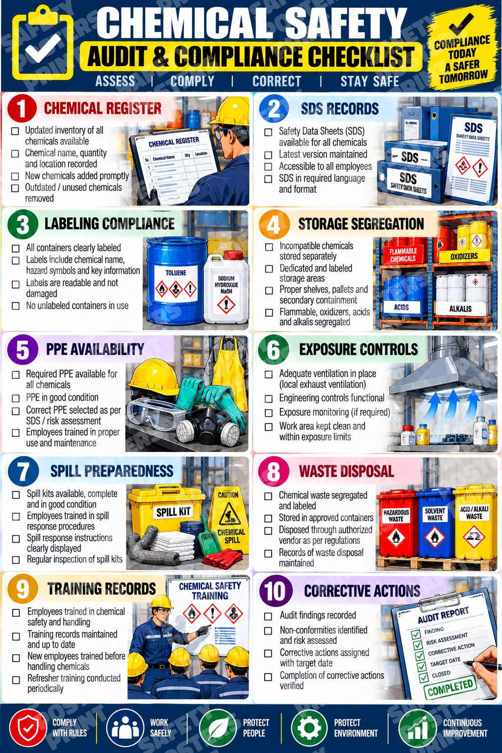 CHM-5 Chemical Safety Audit and Compliance Checklist. Poster showing a ten-point chemical-safety inspection board.