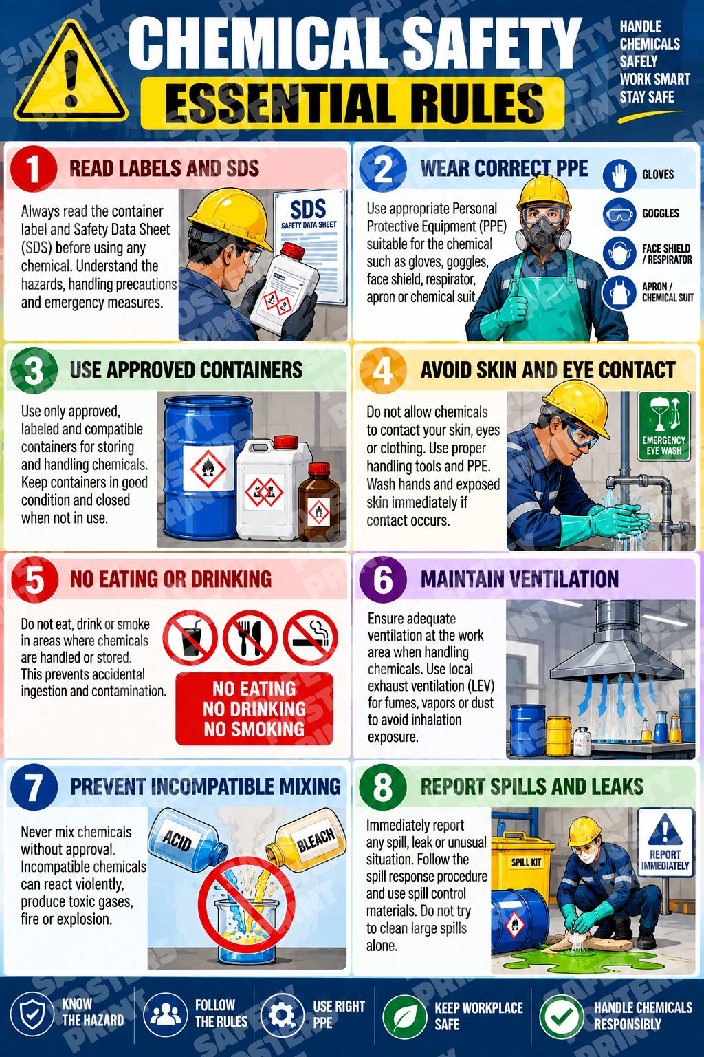 CHM-8 Chemical Safety Essential Rules. Eight panels cover labels and SDS, PPE, containers, contact prevention, ventilation and spill reporting.
