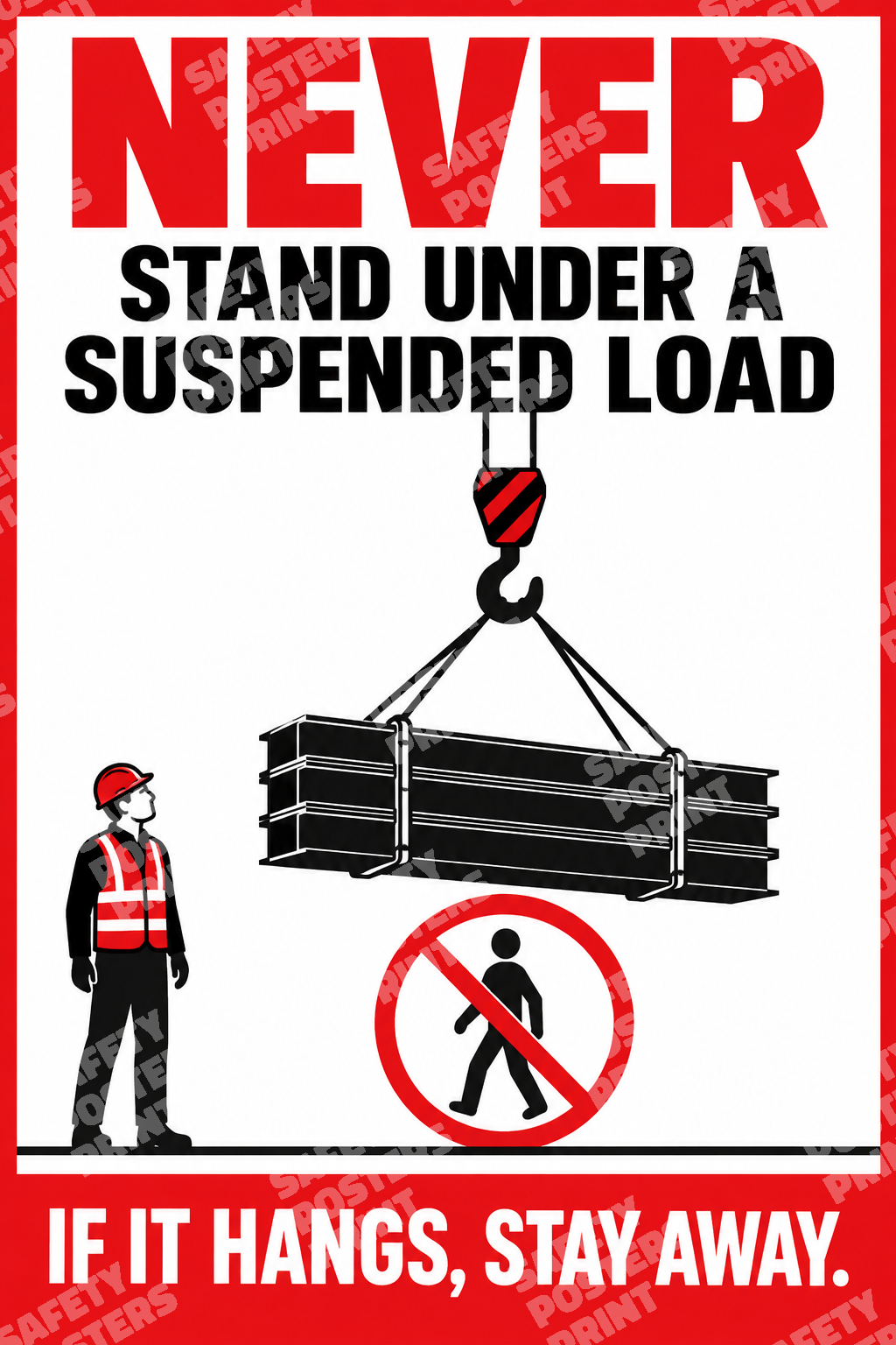 CRL-9 Never Stand Under a Suspended Load - If It Hangs, Stay Away. Workplace safety poster.