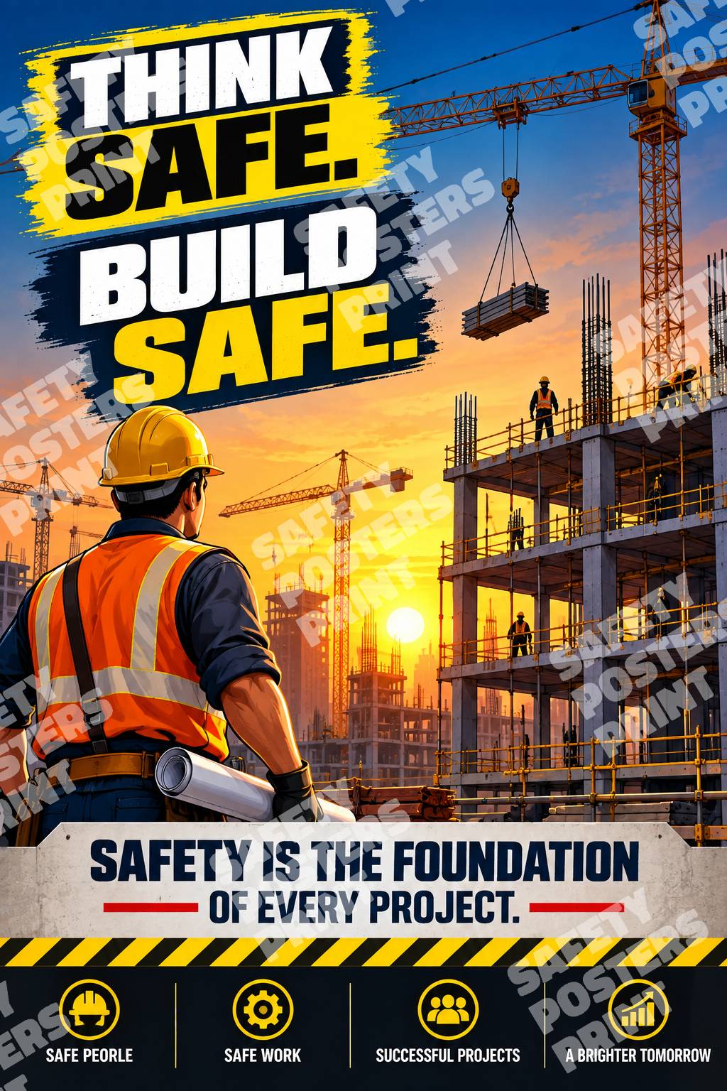 CST-7 Think Safe Build Safe poster showing a construction worker surveying a building site with cranes and a safety-first slogan.