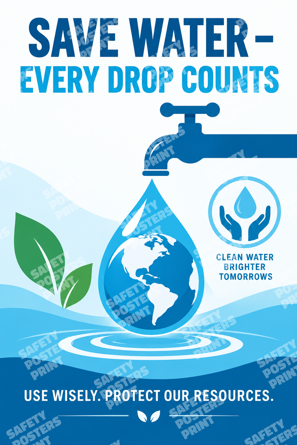 ENV-2 Save Water - Every Drop Counts. Workplace poster about water conservation and responsible resource use.