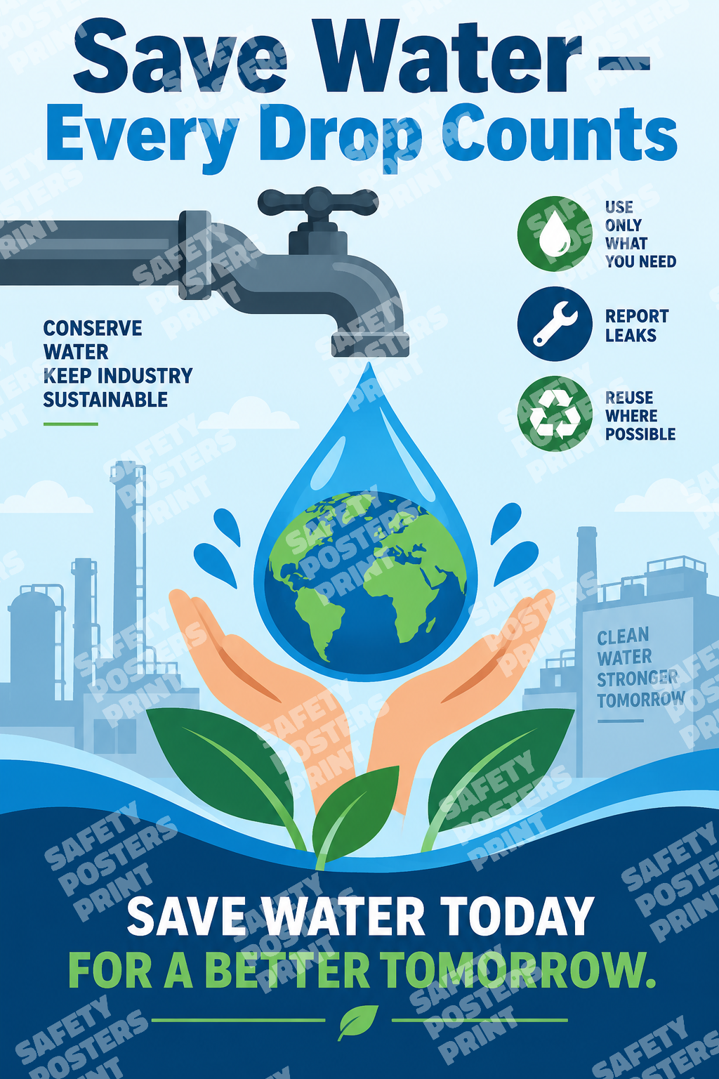 ENV-6 Save Water - Every Drop Counts - Use Only What You Need. Workplace poster about water conservation through reducing waste, reporting leaks and reusing water where appropriate.