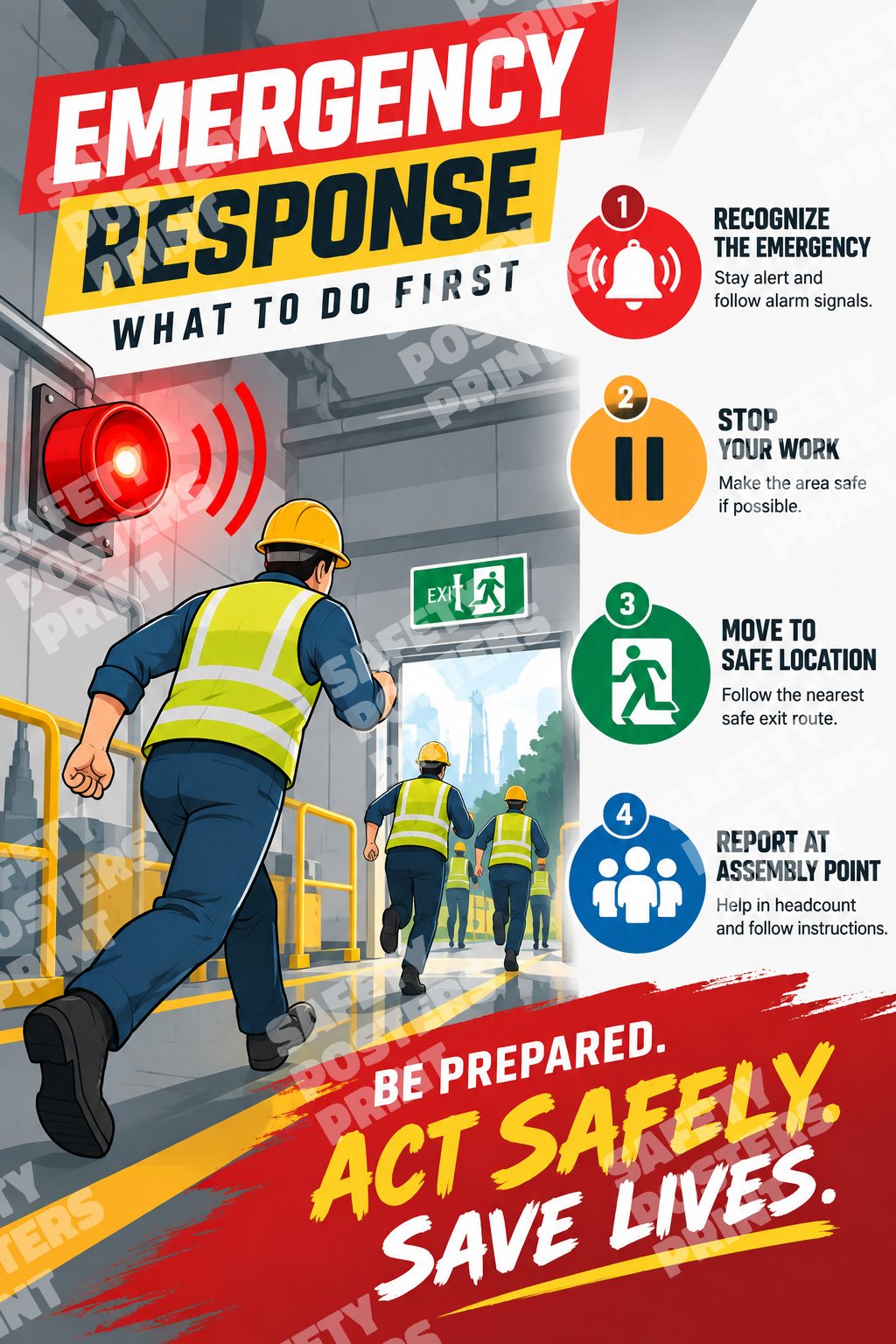 ER-5 Emergency Response - What to Do First: recognising an emergency, stopping work, moving to a safe location, reporting at the assembly point. Portrait English-language artwork.