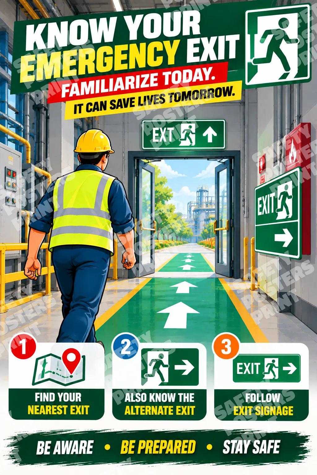 EV-8 Know Your Emergency Exit - Three Key Reminders: finding the nearest exit, knowing an alternative exit, following exit signs. Portrait English-language artwork.