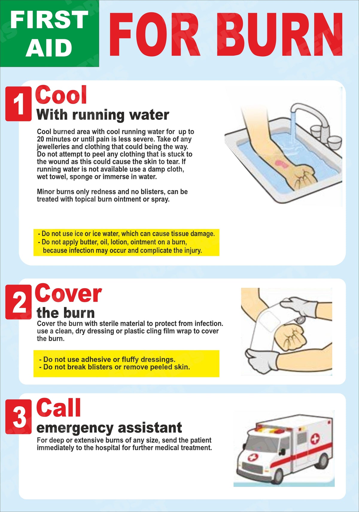 FA-12 First Aid for Burns - Cool, Cover, Call workplace safety poster
