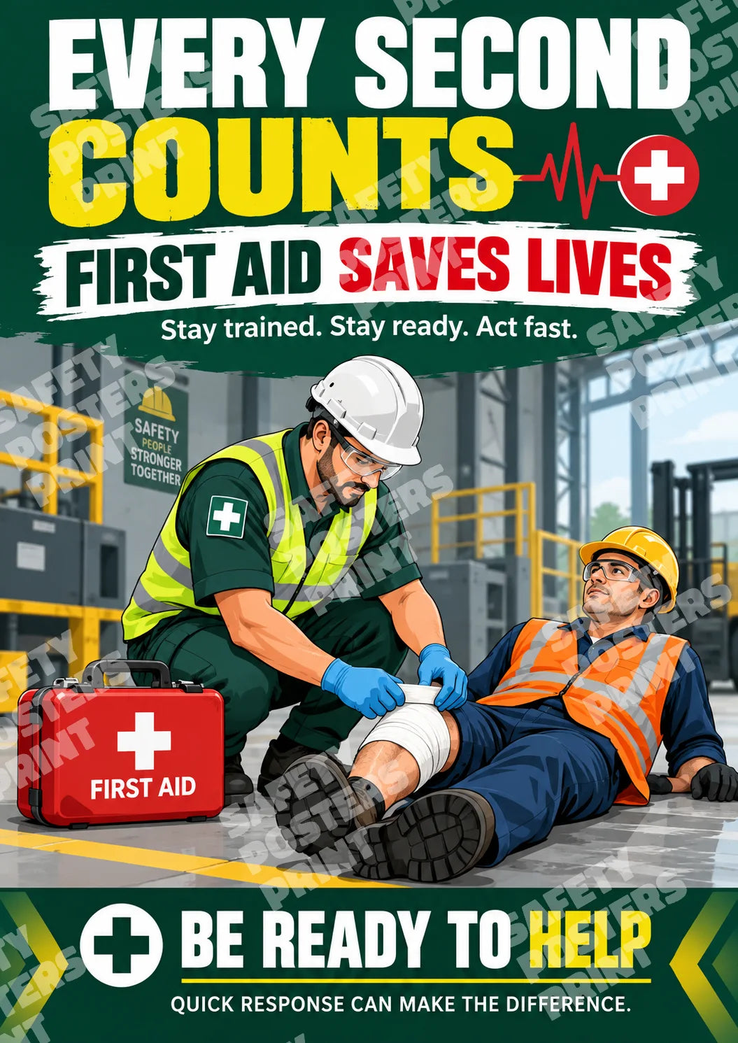 FA-2 Every Second Counts - First Aid Saves Lives: first-aid training, response readiness, helping an injured colleague, preparedness messages. Portrait English-language artwork.
