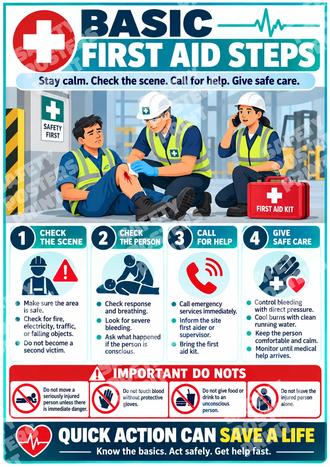 FA-6 Basic First Aid Steps - Check, Call, Care: scene awareness, checking the injured person, calling for help, safe-care reminders. Portrait English-language artwork.