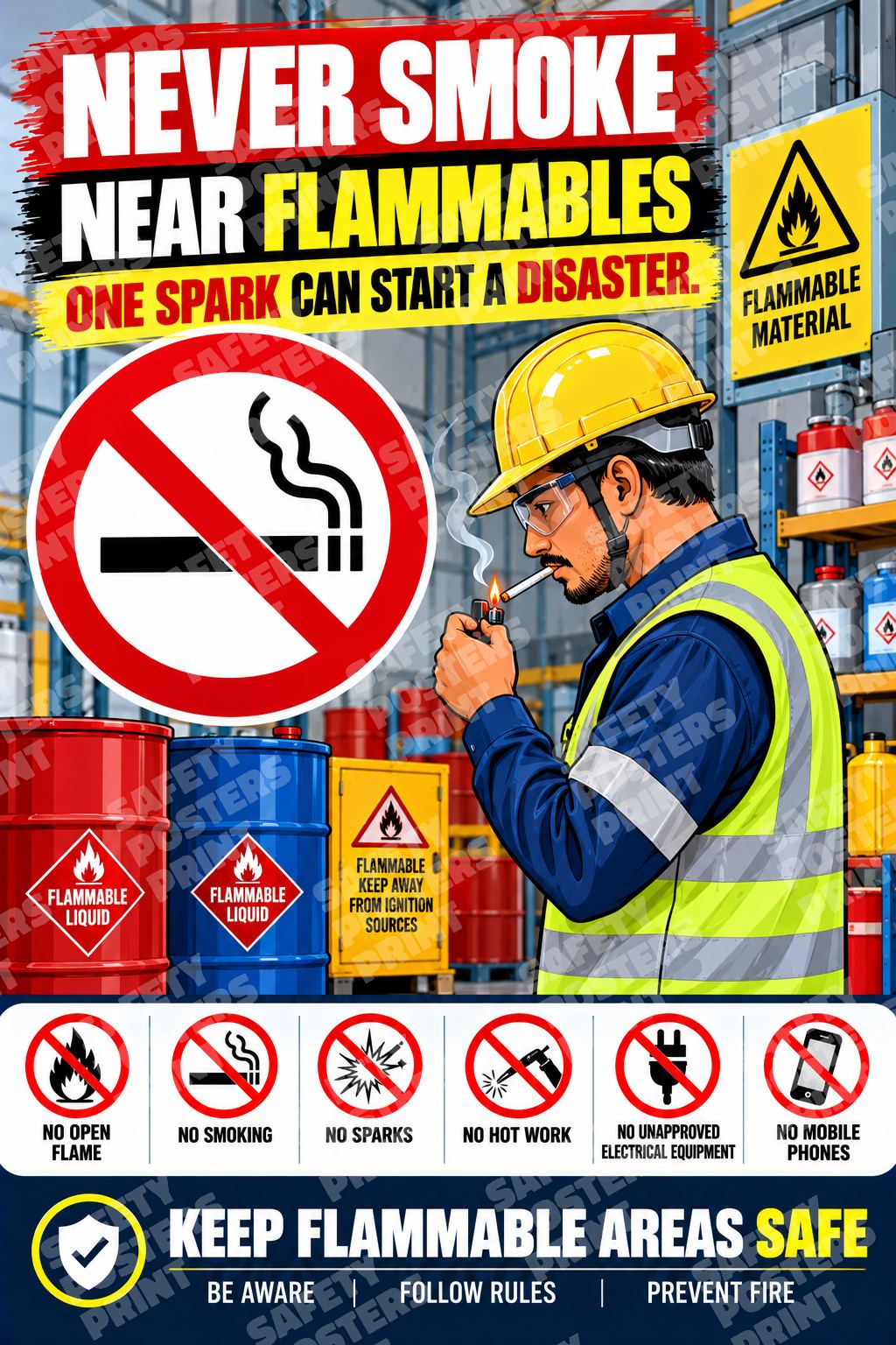 FLM-10 Never Smoke Near Flammables. A worker stands beside flammable drums and no-smoking symbols.