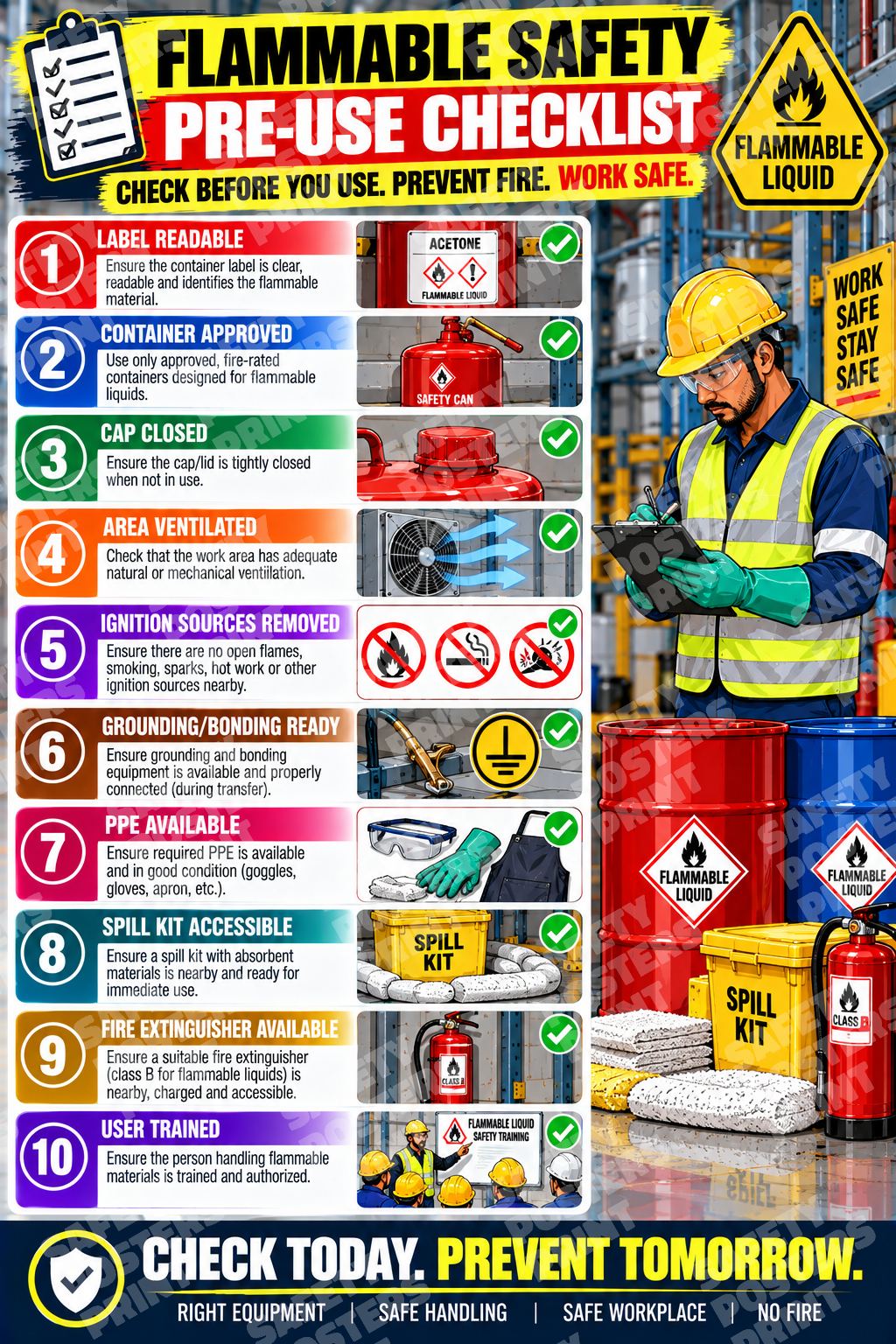 FLM-9 Flammable Safety Pre-Use Checklist. A worker reviews ten checks for flammable-liquid handling and storage.