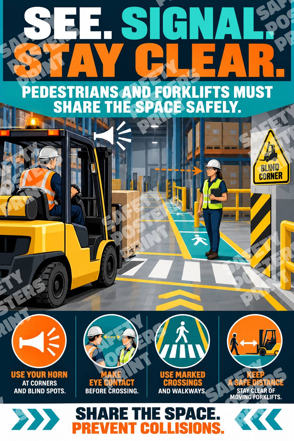 FLT-10 See Signal Stay Clear poster showing a forklift operator and pedestrian communicating at a marked warehouse crossing.
