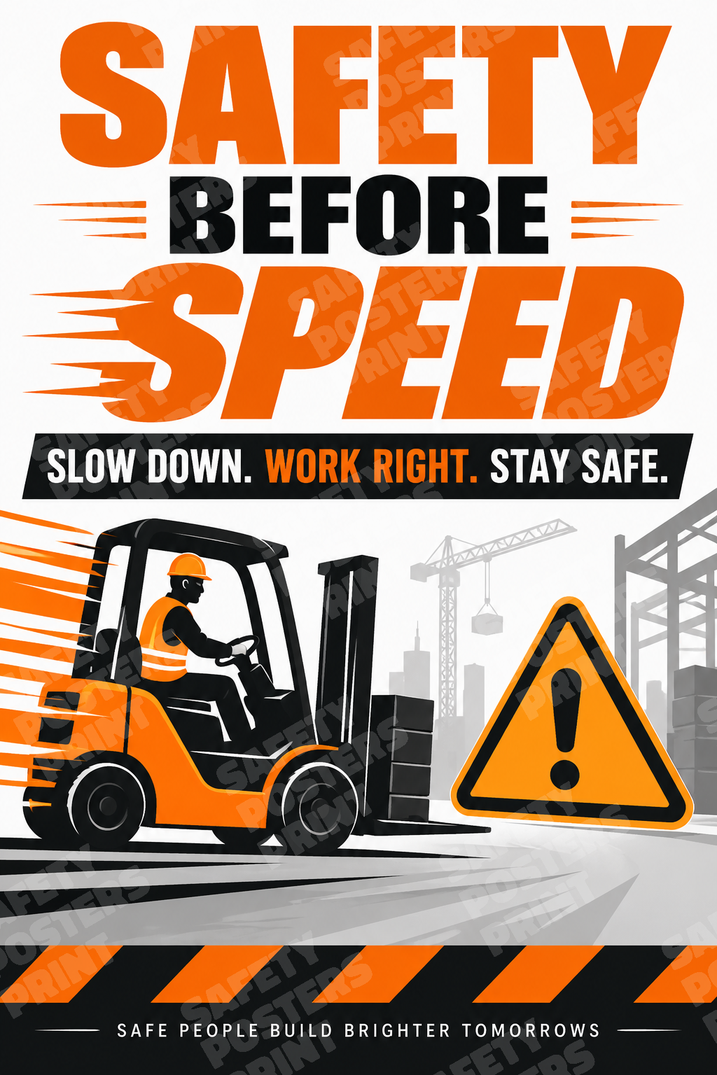 FLT-15 Safety Before Speed - Slow Down, Work Right, Stay Safe. Workplace safety poster.