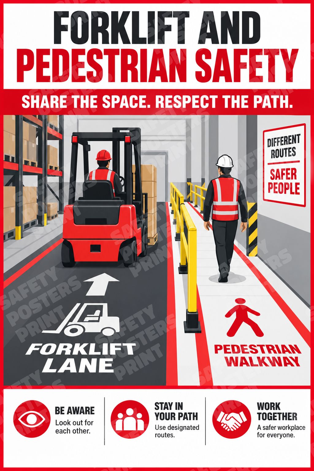 FLT-16 Forklift and Pedestrian Safety - Share the Space, Respect the Path. Workplace safety poster.