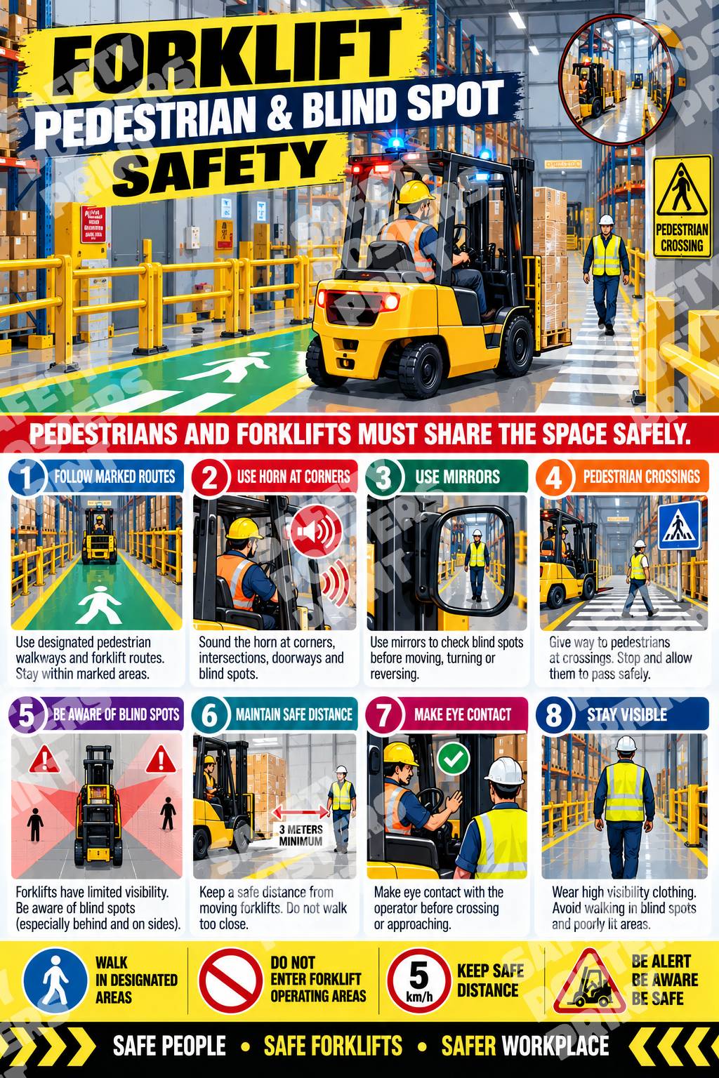 FLT-9 Forklift Pedestrian and Blind Spot Safety poster showing crossings, mirrors and reminders about marked routes, visibility and keeping clear.