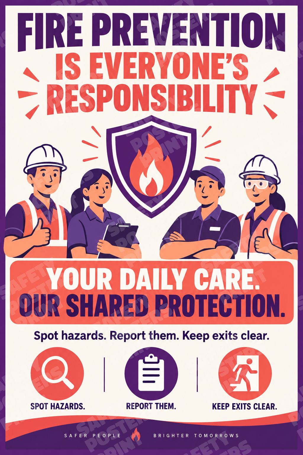 FP-13 Fire Prevention Is Everyone's Responsibility - Spot Hazards, Report Them, Keep Exits Clear. Workplace safety poster.
