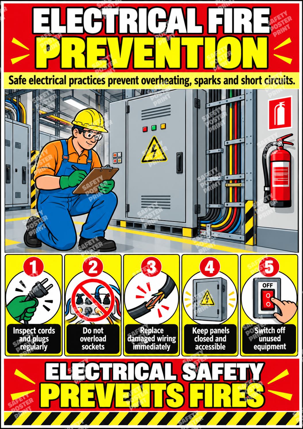 FP-3 Electrical Fire Prevention poster showing electrical panel inspection and reminders about cords, sockets and damaged wiring.