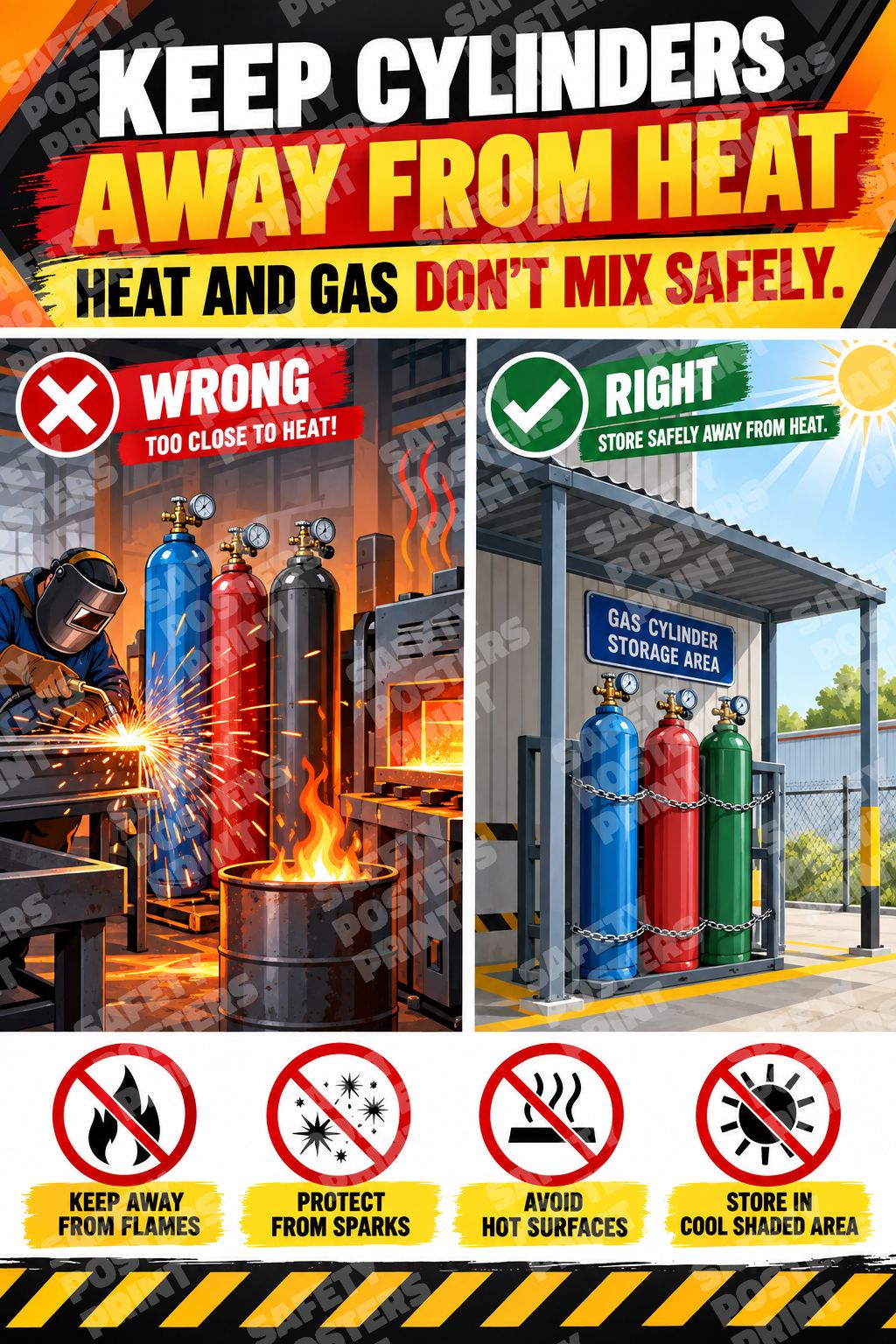 GC-11 Keep Cylinders Away from Heat - Wrong and Right Guide. Cylinders near hot work are contrasted with shaded designated storage.