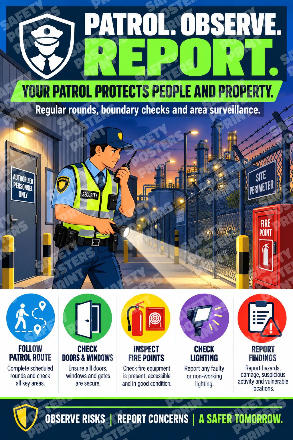 GS-4 Patrol, Observe, Report - Illustrated Security Guide. Poster showing an illustrated security officer patrolling a facility perimeter.