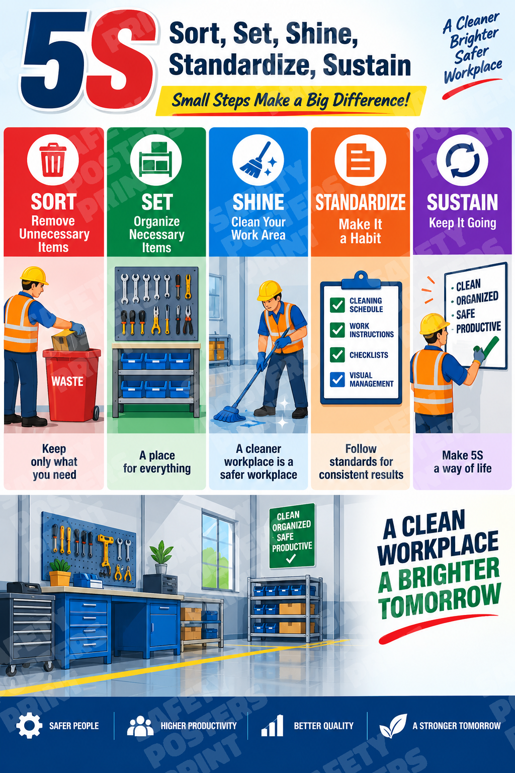 H5S-13 5S for a Safer Workplace - Sort, Set, Shine, Standardize, Sustain. Workplace safety poster.