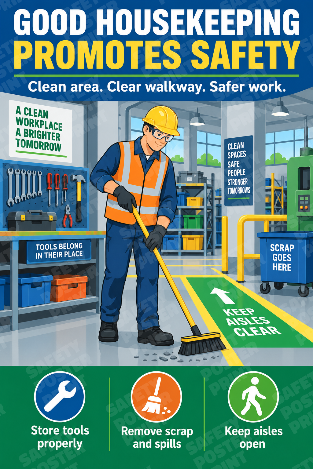 Good Housekeeping Promotes Safety - Workshop - English vertical safety poster - H5S-75