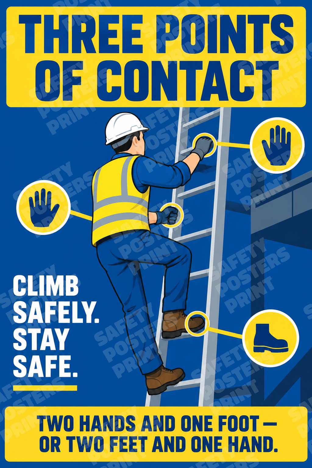 LDR-13 Three Points of Contact - Climb Safely, Stay Safe. Workplace safety poster.
