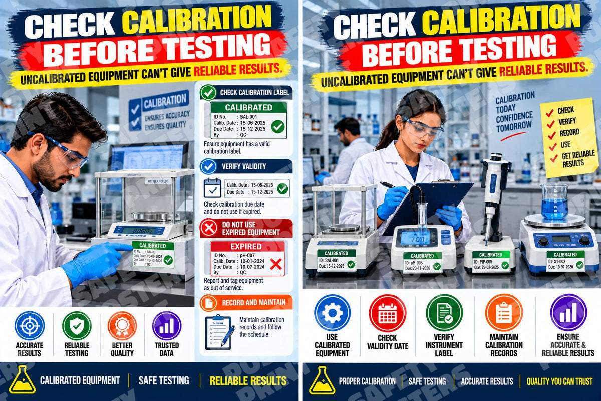 LQC-10 Check Calibration Before Testing - Landscape Two-Poster Collage A. Two separate calibration-awareness posters arranged side by side.