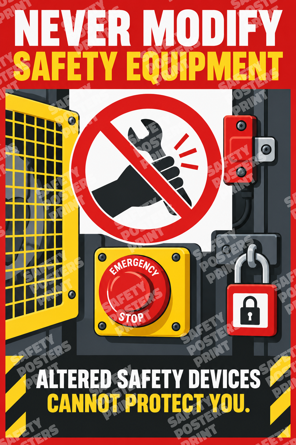 MS-2 Never Modify Safety Equipment - Altered Safety Devices Cannot Protect You. Workplace safety poster.