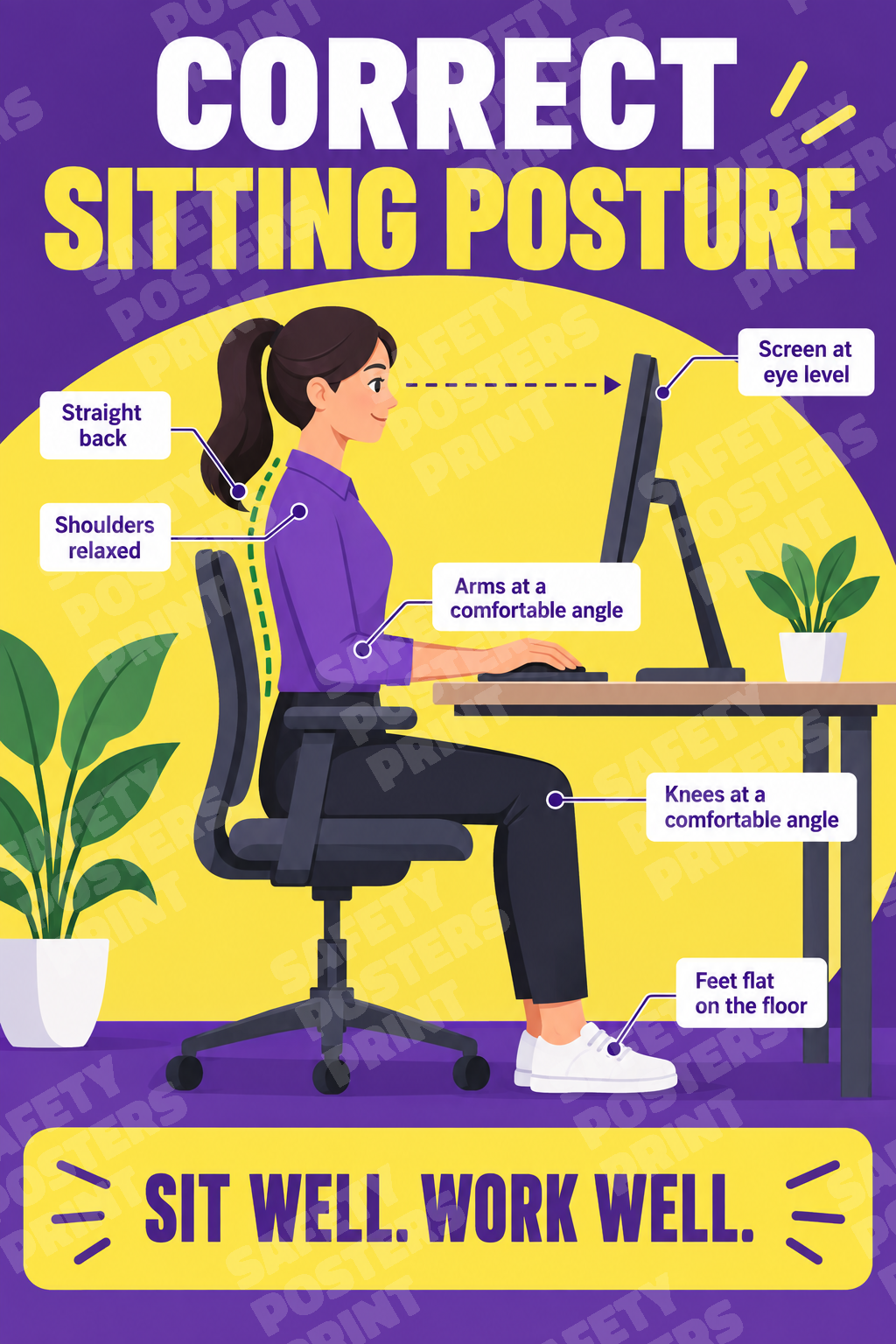 OES-16 Correct Sitting Posture - Sit Well, Work Well. Workplace safety poster.