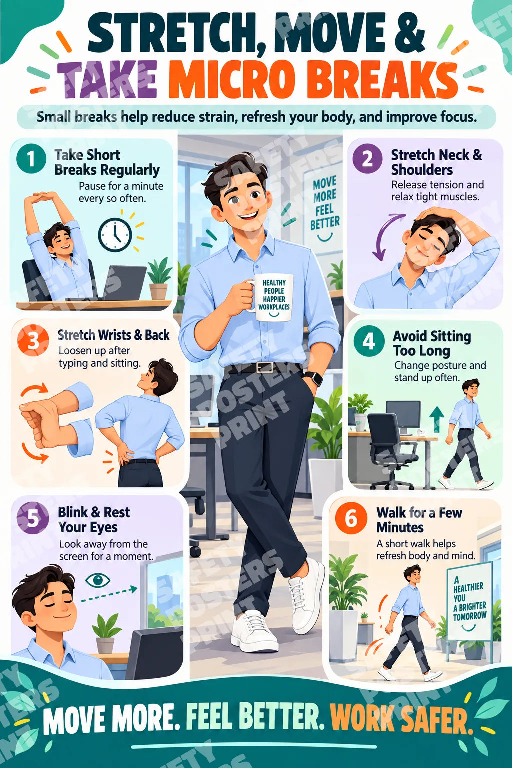 OES-4 Stretch, Move and Take Micro Breaks: short desk-work breaks, neck and shoulder movement, wrist and back stretches, changing posture. Portrait English-language artwork.