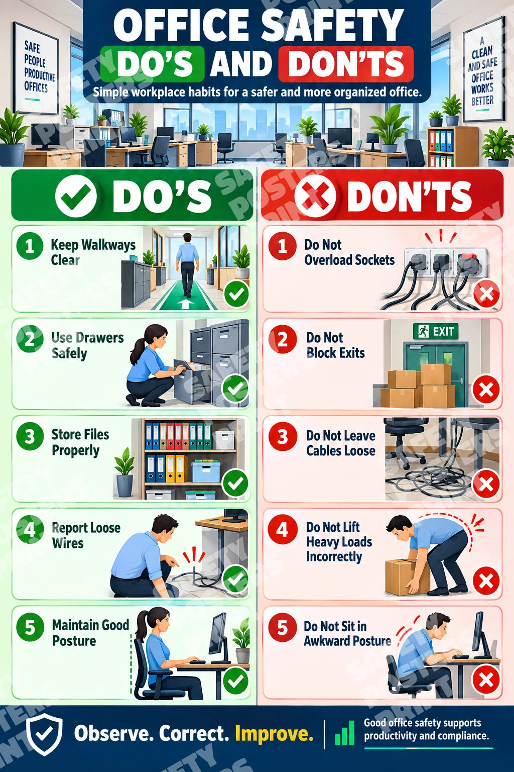 OES-7 Office Safety - Do's and Don'ts: clear walkways, safe drawer use, file storage, loose-wire reporting. Portrait English-language artwork.
