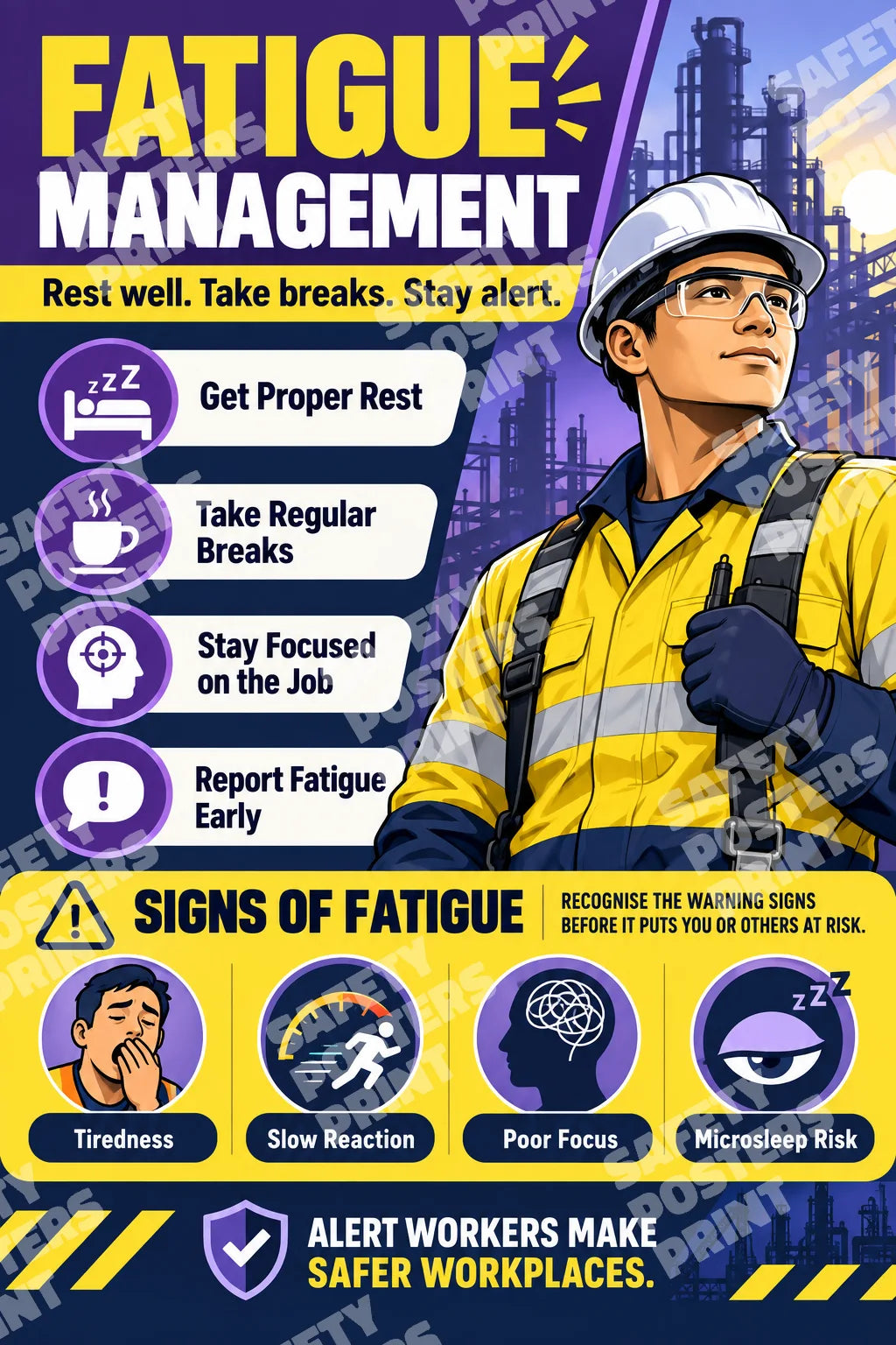 OH-10 Fatigue Management - Rest, Take Breaks and Stay Alert: adequate rest, regular breaks, maintaining focus, early fatigue reporting. Portrait English-language artwork.