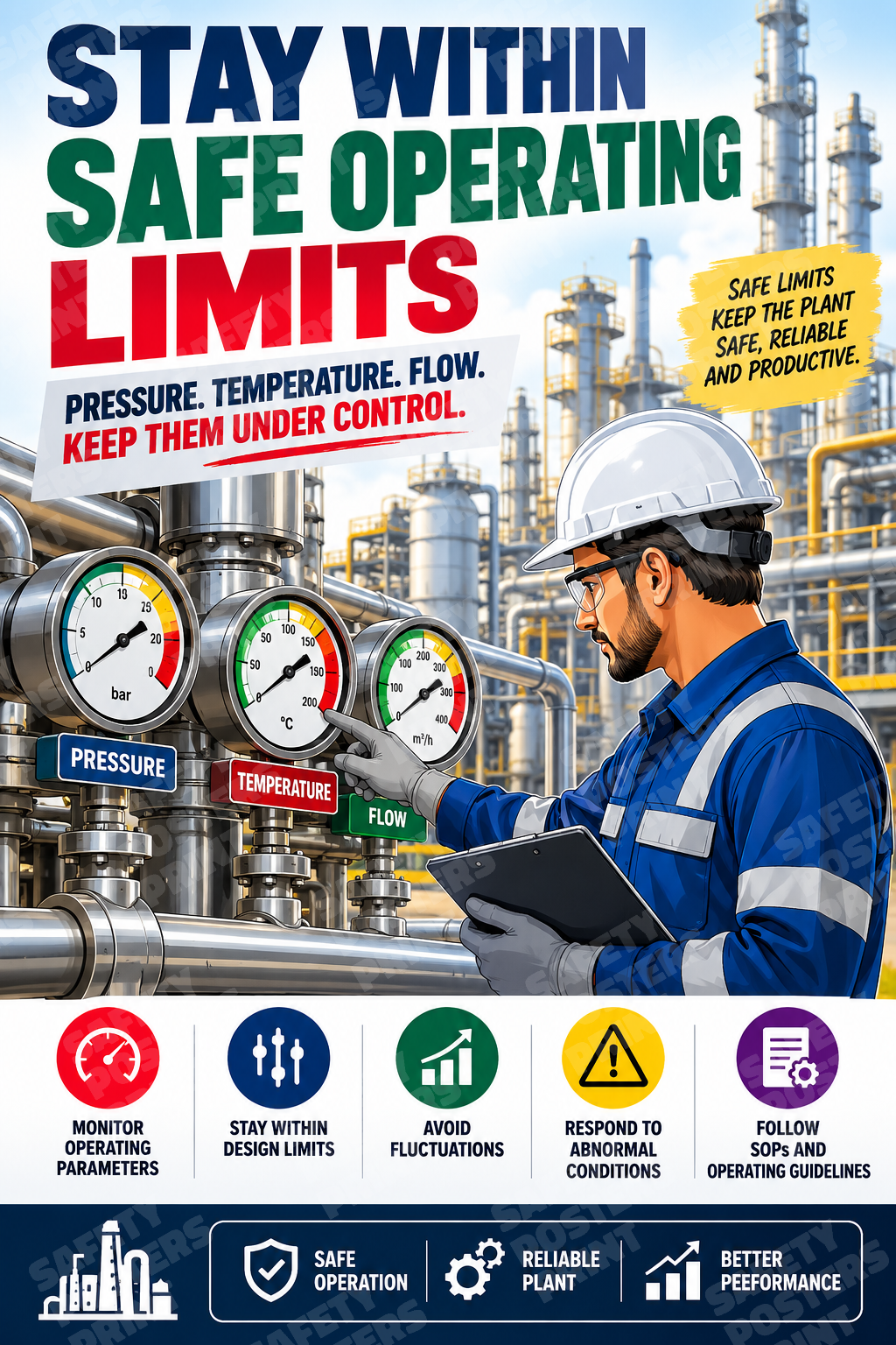 PP-9 Safe Operating Limits - Keep Pressure, Temperature and Flow Under Control. Workplace safety poster.