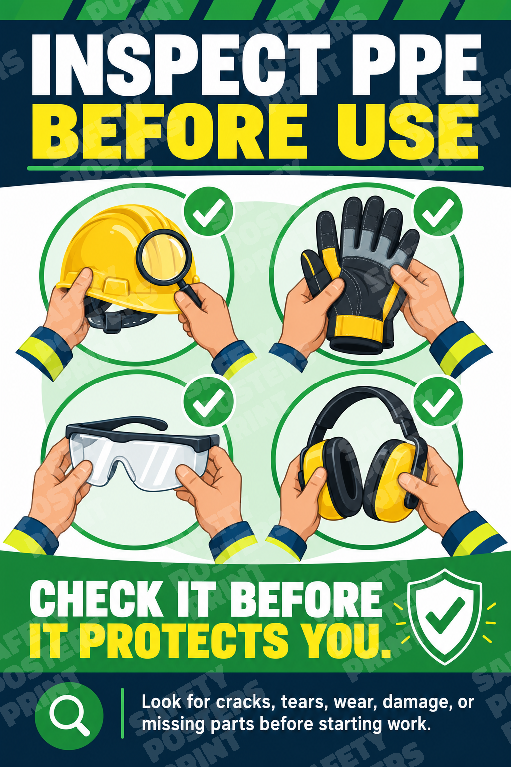 PPE-27 Inspect PPE Before Use - Check It Before It Protects You. Workplace safety poster.