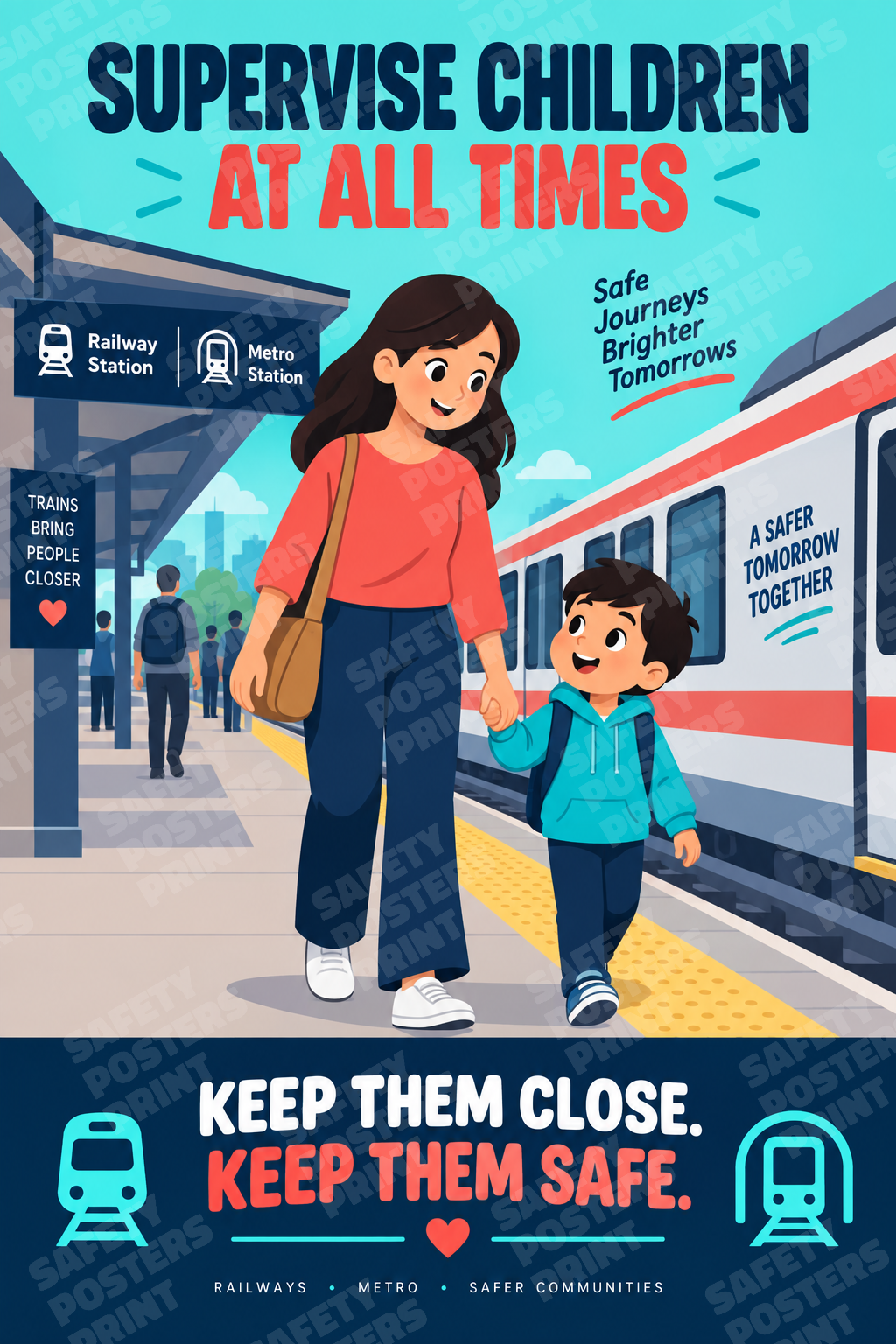 RAIL-19: Supervise Children at Railway and Metro Stations. English portrait safety poster.