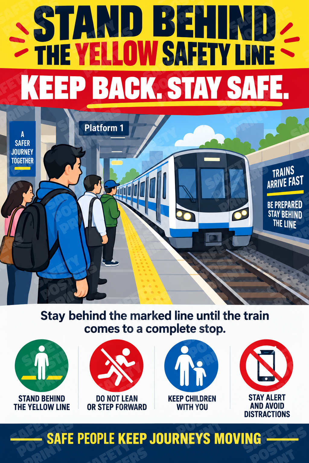 RAIL-2: Stand Behind the Yellow Railway Safety Line. English portrait safety poster.