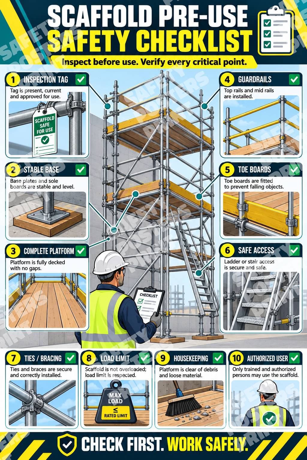 SFL-12 Scaffold Pre-Use Safety Checklist poster showing an inspector and ten checks for tag status, foundations, decking, rails, access and load limits.
