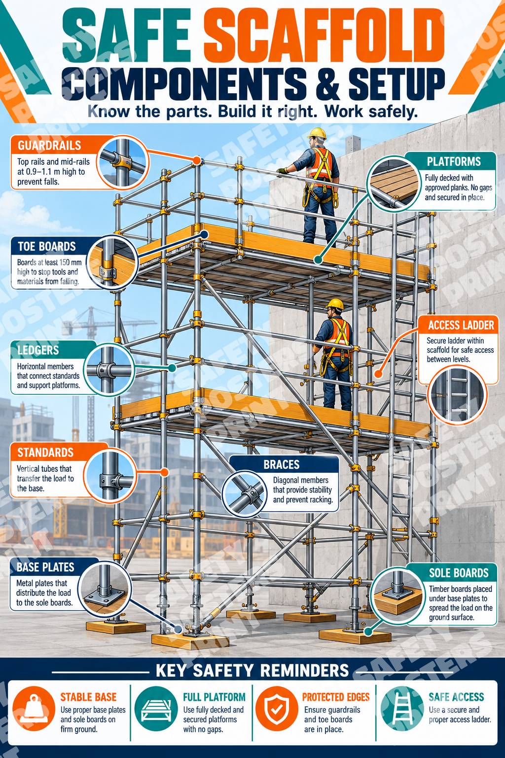 SFL-3 Safe Scaffold Components and Setup poster with labelled guardrails, toe boards, platforms, braces, access ladder, base plates and sole boards.