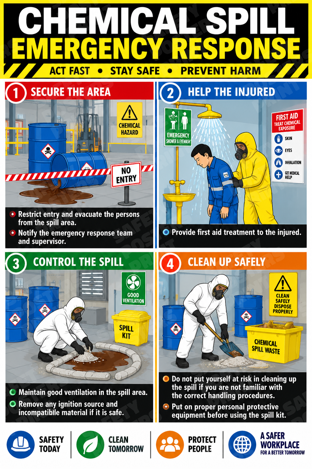 SPL-15: Chemical Spill Emergency Response - Four-Step Poster. English vertical workplace safety poster.