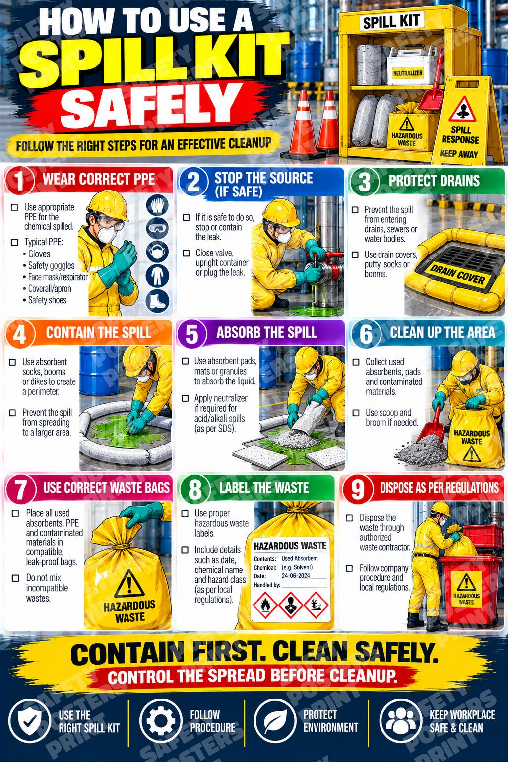 SPL-4 How to Use a Spill Kit Safely. Nine illustrated panels on PPE, drain protection, containment, absorbents, cleanup and waste labelling.