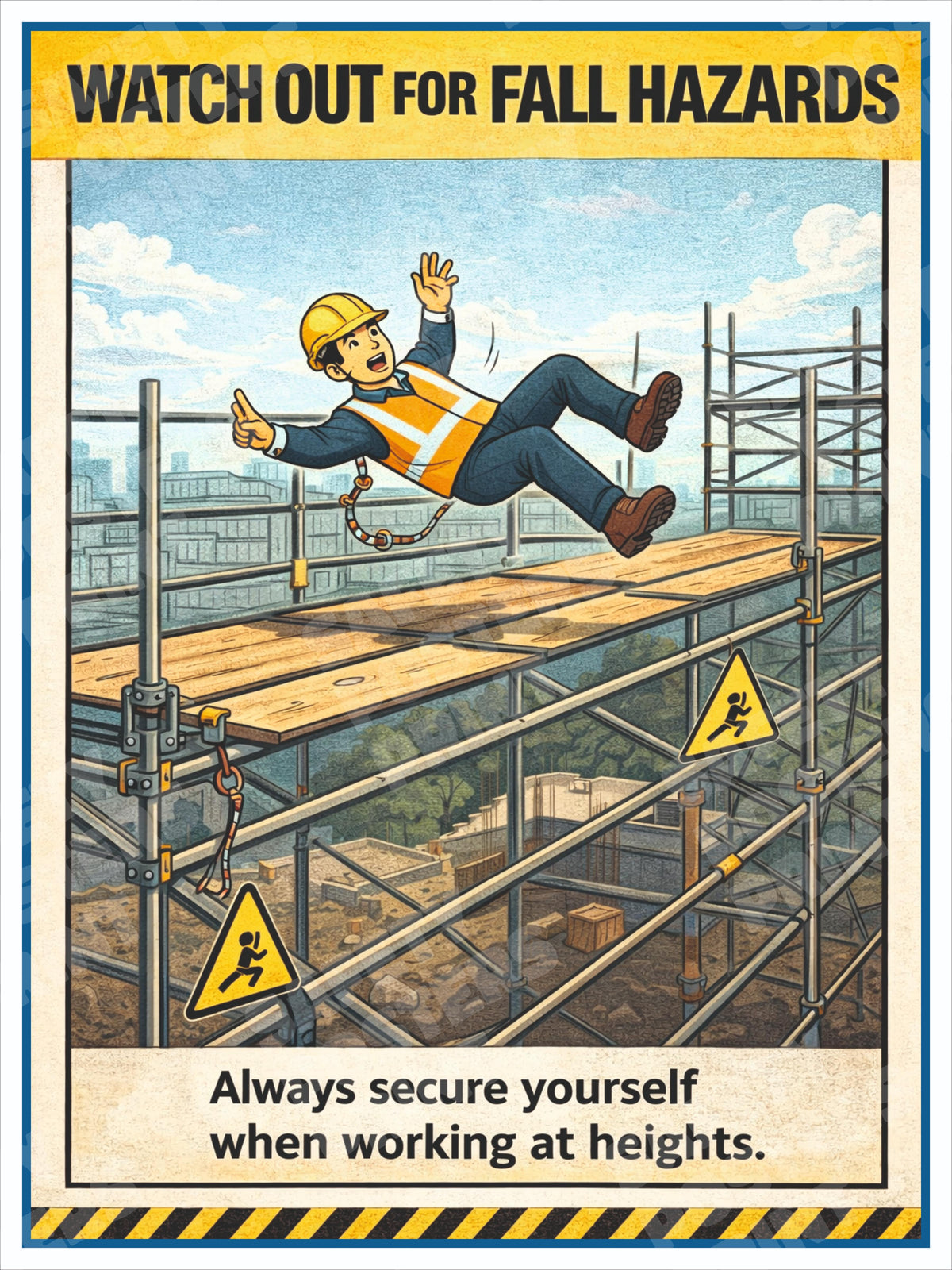 WAH-13 Watch Out for Fall Hazards - Secure Yourself at Heights. Workplace safety poster.