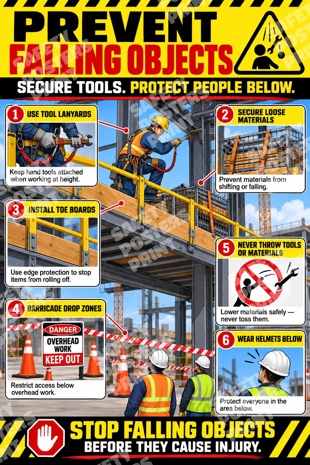 WAH-7 Prevent Falling Objects - Secure Tools and Materials: tool lanyards, securing loose materials, toe boards, barricaded drop zones. Portrait English-language artwork.