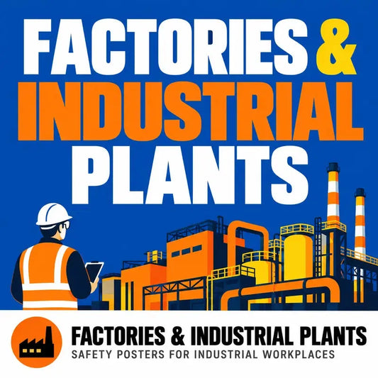 Workplace safety posters cover with a factory scene and worker