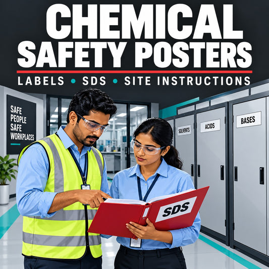 Chemical safety posters cover showing two staff reviewing an SDS folder