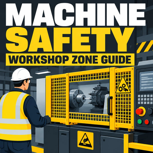 Machine safety cover showing guarded equipment and an emergency stop