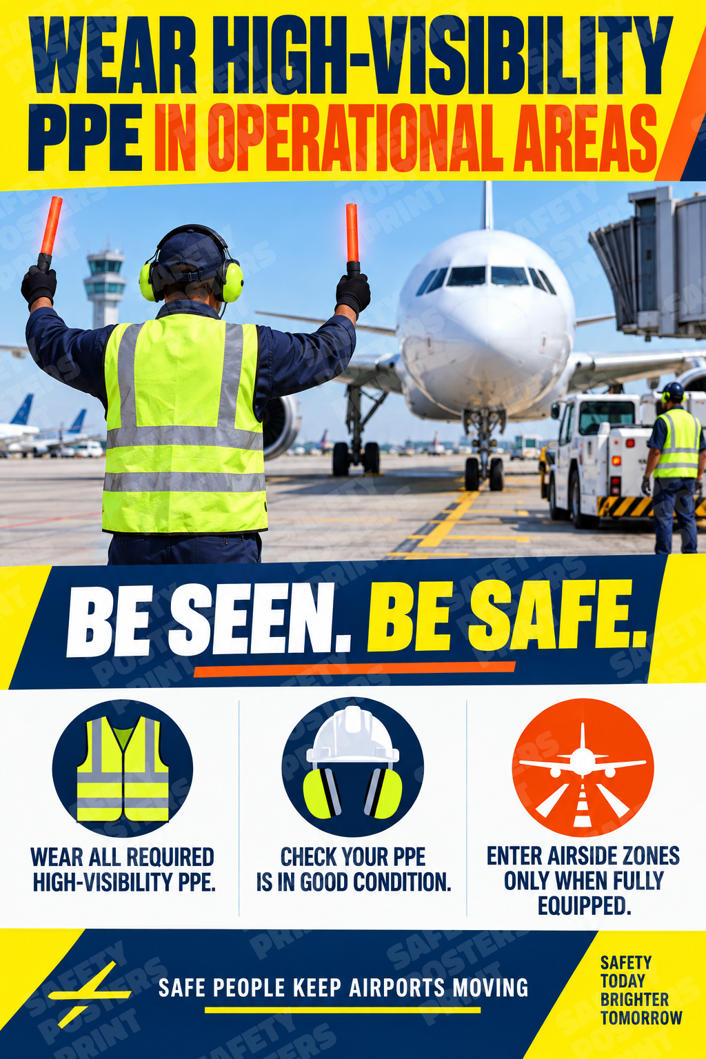 AIR-20: Wear High Visibility PPE in Airport Operational Areas - Marshaller. English portrait safety poster.