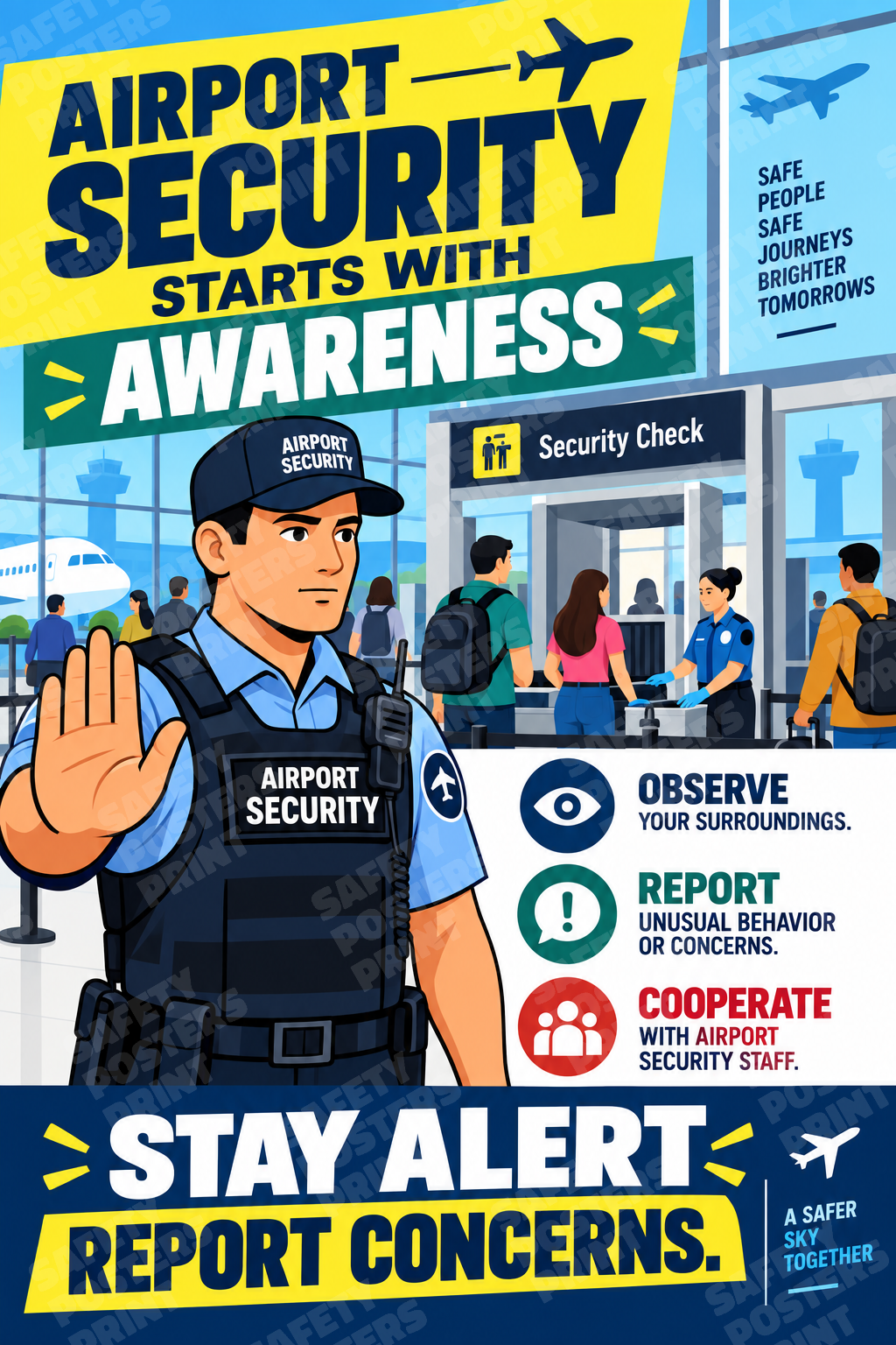 AIR-33: Airport Security Awareness - Bold Illustrated Guard. English portrait safety poster.