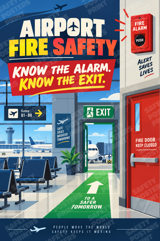 AIR-43: Airport Fire Safety - Know the Alarm Know the Exit. English portrait safety poster.
