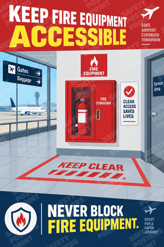 AIR-44: Keep Airport Fire Equipment Accessible. English portrait safety poster.