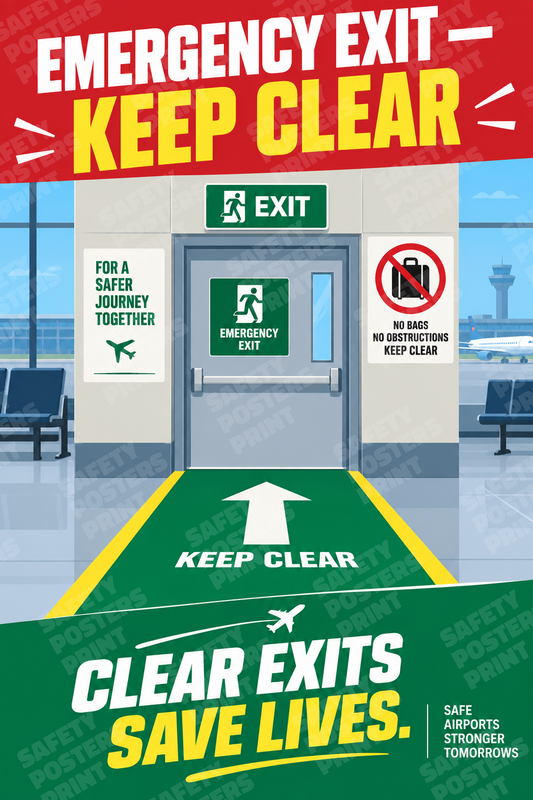 AIR-45: Airport Emergency Exit - Keep Clear. English portrait safety poster.